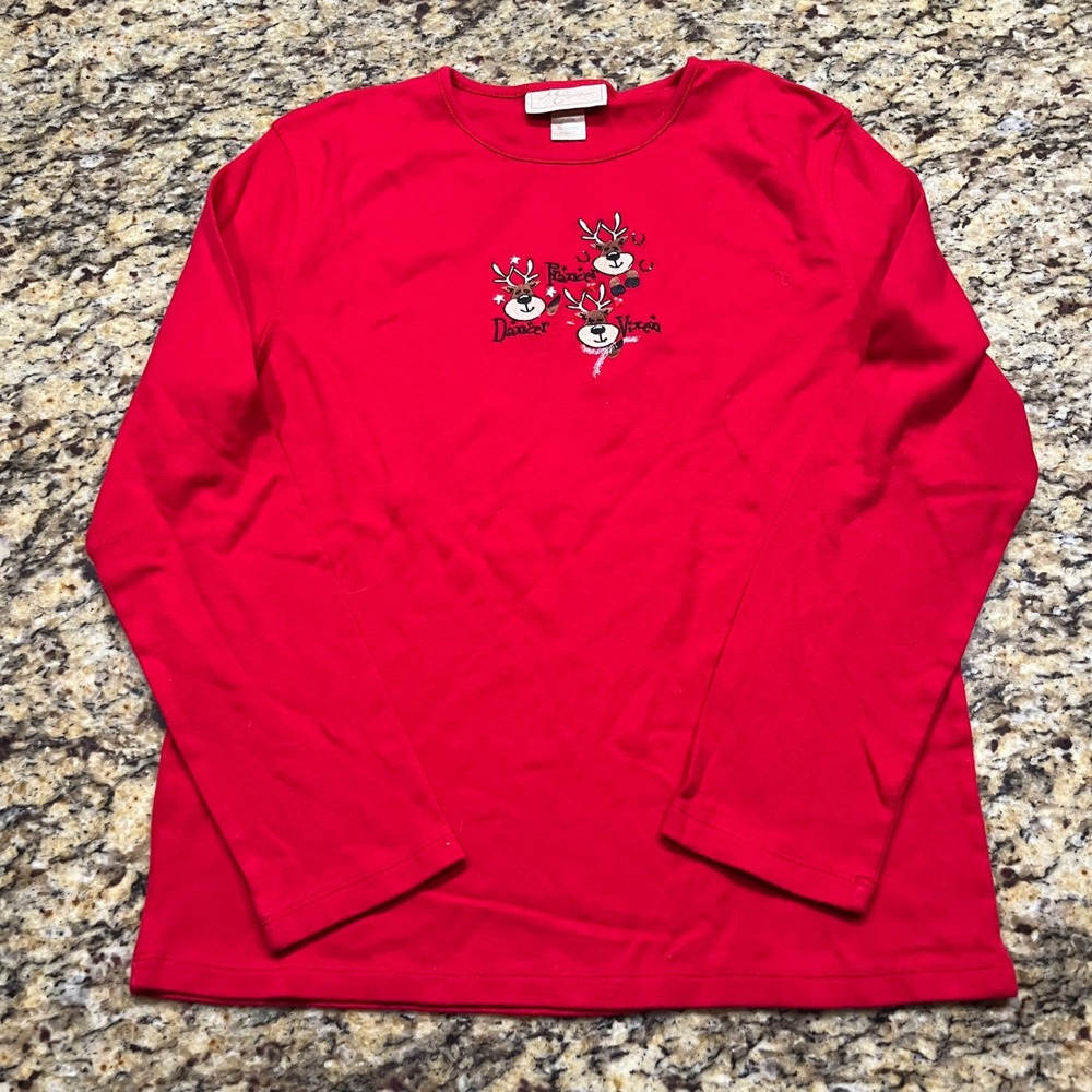 M&C Sportswear Red Christmas Reindeer Embroidered Long Sleeve Top Womens XL